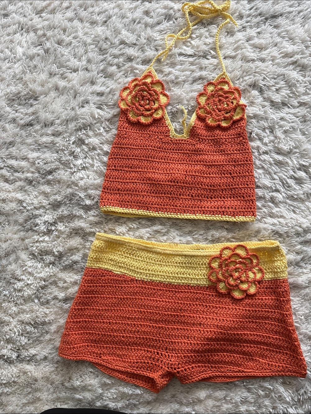 Outcast Orange and Yellow Crochet Crop Top & Shorts Set